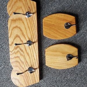 Oak Wooden Wall Hooks Set with Metal Accents